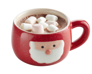 Red mug with Santa face design, filled with hot chocolate and topped with marshmallows, festive and cozy holiday drink on transparency background