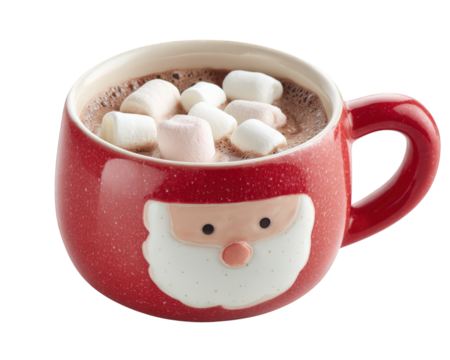 Red mug with Santa face design, filled with hot chocolate and topped with marshmallows, festive and cozy holiday drink on transparency background