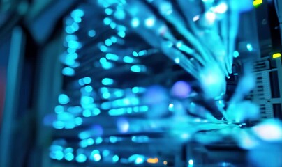 Cables in a server room transferring data, creating a dynamic blur of lights with bokeh effects and vibrant blue hues, showcasing the essence of modern technology and connectivity - Powered by Adobe