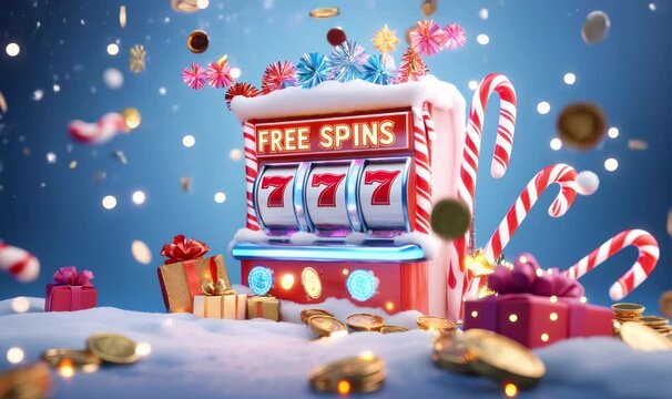 Red christmas-themed slot machine displaying 777 and free spins, surrounded by gifts, candy canes, gold coins, and falling snowflakes, creating a festive gambling atmosphere