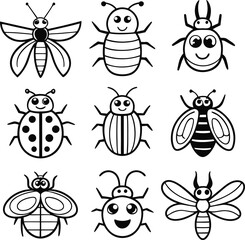 Collection of nine cute cartoon insects with simple line art designs for children s illustrations and educational materials