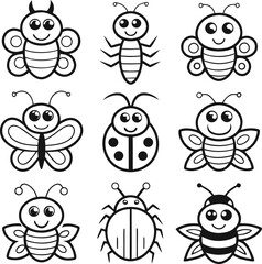 Collection of cute cartoon insects including butterflies ladybugs bees and ants with simple outline style and friendly faces