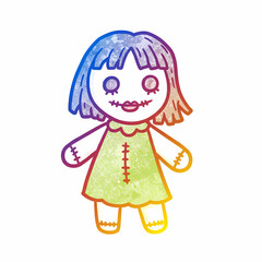 Colorful cartoon doll with stitched details and playful expression  