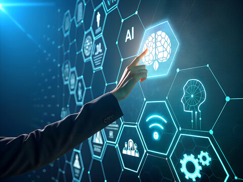 Digital interface shows artificial intelligence and technology concept