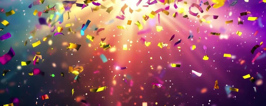 Colorful confetti falling against a vibrant background with bright light beams creates a festive and celebratory atmosphere