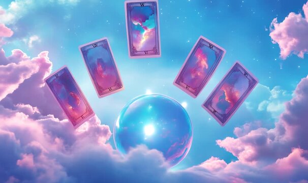 Five tarot cards are levitating around a glowing crystal ball, set against a backdrop of pastel clouds and a dreamy sky, creating a mystical and ethereal scene