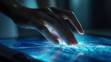 Hand interacting with glowing blue touch screen