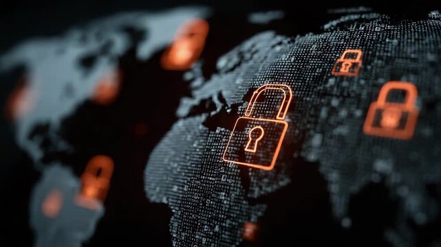 A digital map of the world with glowing padlock icons symbolizing global cybersecurity and data protection.