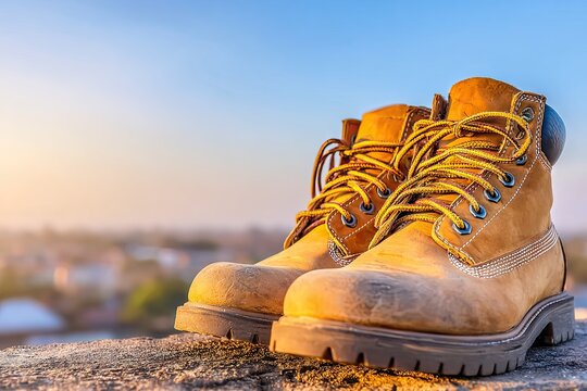 Worn tan leather hiking boots atop a rock outcropping, bathed in soft sunrise light,  with a hazy cityscape in the background - Powered by Adobe
