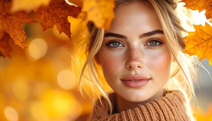 Close-up portrait of a woman in autumn leaves