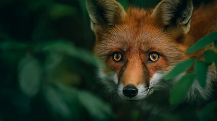 Fototapeta premium Curious Red Fox Peeking Through Foliage