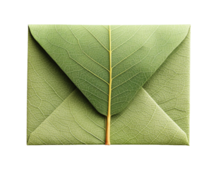 Green leaf forming closed envelope promoting environmental awareness on transparent background