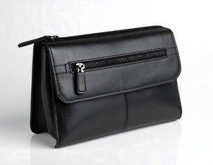 Black leather cosmetic bag on white background