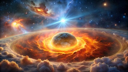 Photo of a planet emerges from a fiery cosmic explosion, surrounded by swirling clouds and a brilliant burst of light against the backdrop of a starfilled galaxy
