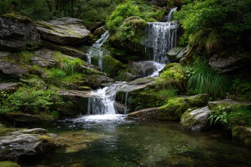 Cascading waterfall tumbling over moss-covered rocks into a clear pool, surrounded by lush green vegetation in a tranquil forest setting