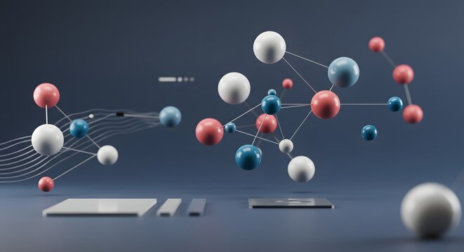 Abstract Representation of Molecules and Atoms in Colorful 3D Composition on Dark Background - Powered by Adobe