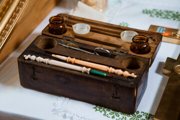 Antique Medical Instruments Set in Dark Wood Box, Vintage Examination Tools, Scalpel, Droppers,...
