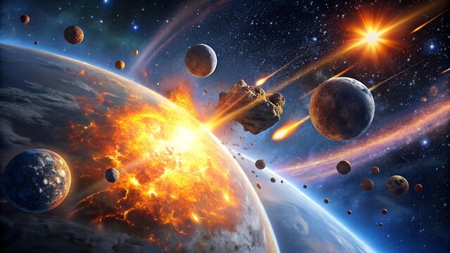 Photo of a massive asteroid collides with a fiery planet in a spectacular cosmic explosion, scattering debris and comets across the vast expanse of the universe