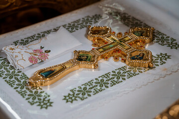 Orthodox Christian Baptism Ceremony: Golden Cross, Embroidered Cloth, White Napkin  Religious...