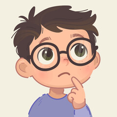 Cute cartoon boy with brown hair wearing round black glasses and blue shirt, touching face with thoughtful expression, large green eyes, flat vector illustration on light background
