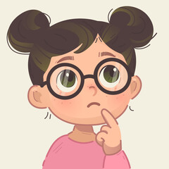 Cartoon girl character with big glasses thinking and touching her face, cute curious child expression, flat modern vector portrait of smart school kid in pink shirt isolated on light background 