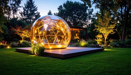 Illuminated geodesic dome structure stands as a modern garden centerpiece