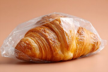 Freshly baked croissant wrapped in clear plastic, showcasing its golden layers on a soft background