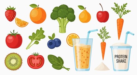 Colorful illustration of various fruits, vegetables, and healthy drinks, arranged in a pattern.
