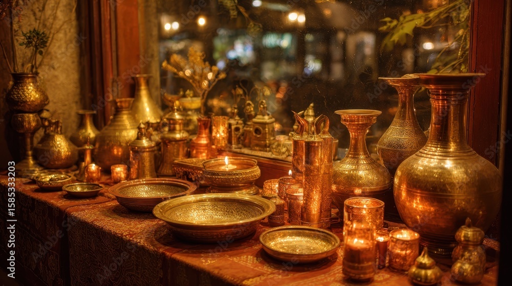 Poster an artistic window display from a quaint antique bazaar brimming with luminous brassware and unique 