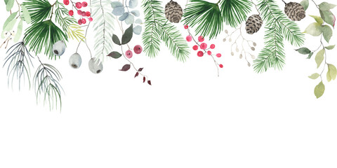 Christmas watercolor border, isolated illustration with floral holiday ornament for your design greeting or invitation cards, background or banner. Hand drawn print.
