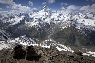 Hiking boots on a mountain ridge overlooking a snow-capped peak.  Vast alpine landscape, rugged peaks, and a clear blue sky
