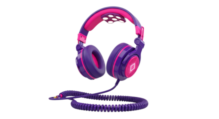 Purple and pink headphones with a coiled cord, presented on a white background.