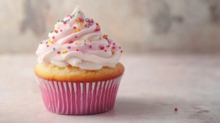 Colorful birthday cupcake with swirl frosting and sprinkles on wooden table with soft light background, festive celebration dessert concept




