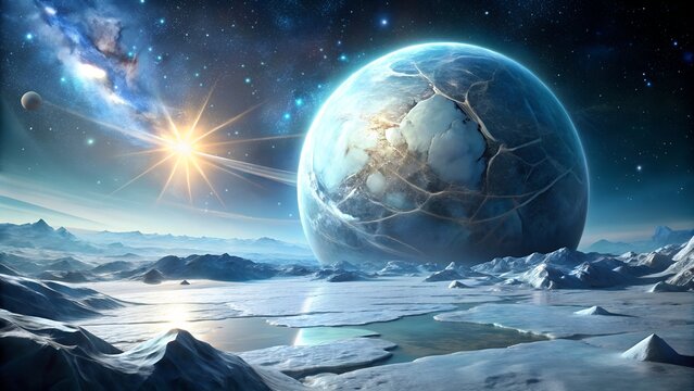Photo of an alien ice planet with a cracked, frozen surface and glowing blue oceans, bathed in the light of a distant sun and nebulae in the vastness of outer space