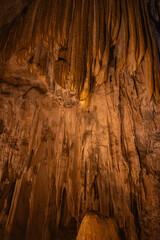ICe formations hang from the ceiling, illuminated by soft lighting that highlights their intricate textures and shapes