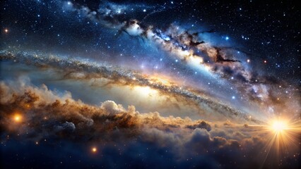 Fototapeta premium Photo of a breathtaking view of a distant galaxy with glowing nebulae and a brilliant starburst illuminates the cosmic expanse