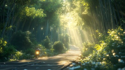Obraz premium A soothing Lofi bamboo forest with a wooden path, a small lantern, and soft sunlight filtering through the tall bamboo stalks, creating a serene atmosphere,