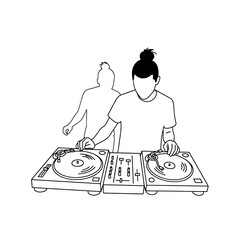 Minimalist line art illustration of a DJ with a topknot performing on turntables, with a blurred figure in the background.