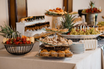 Elegant Dessert Buffet Display: Chocolate Pastries, Fruit Arrangements and Tiered Cake Stands, Golden Tones, Indoor Event Setting, Festive Atmosphere