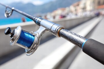 Close-up fishing rod, reel, and line on a bridge