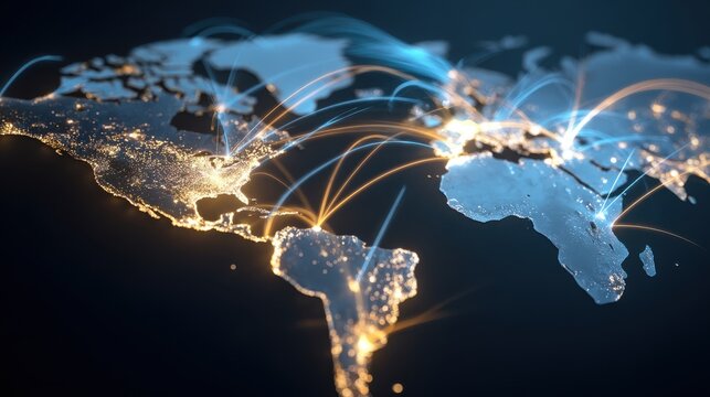 Stunning photo of this visual illustrates a world map with illuminated pathways connecting major cities in Latin America, symbolizing the extensive reach of digital marketing.
