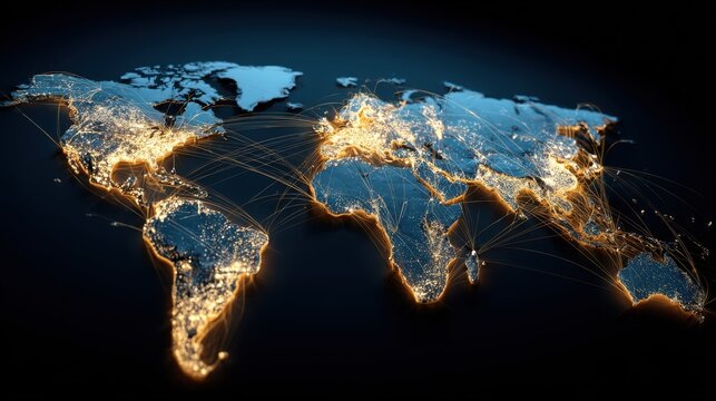 Stunning photo of this visual illustrates a world map with illuminated pathways connecting major cities in Latin America, symbolizing the extensive reach of digital marketing.
