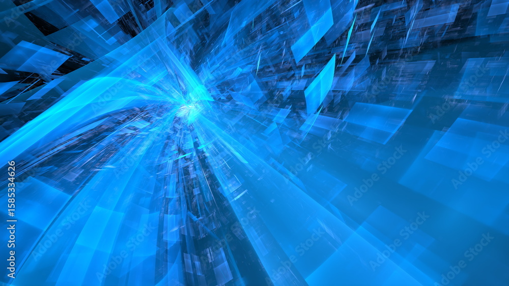Poster vivid blue abstract design displays dynamic light trails and geometric shapes, creating a sense of d