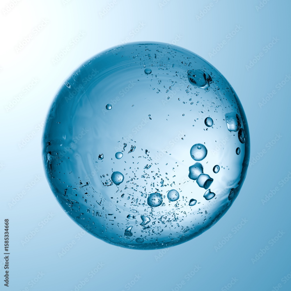Poster a translucent blue bubble is suspended in a clear space, reflecting soft light. tiny bubbles are tra