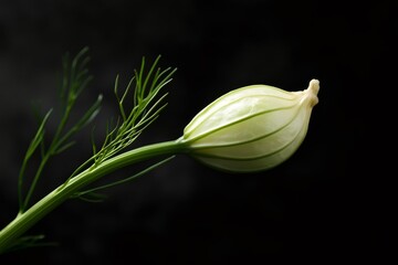 Close up of a fennel seed growing on its stalk against a dark backdrop, showcasing its delicate structure and pale green color