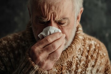 Elderly man blowing his nose with a tissue, struggling with cold symptoms and feeling the effects of a winter allergy or illness