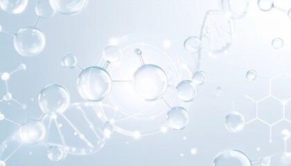 Abstract background with light blue translucent spheres, connected lines, and DNA double helix structures, suggesting scientific or medical themes.