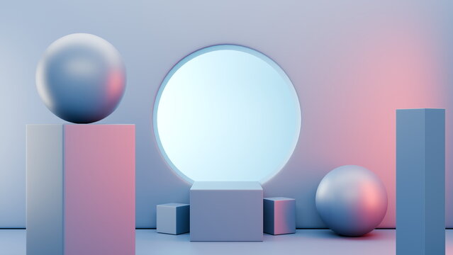 Spherical and cuboidal forms are strategically placed in a spacious interior that features soft lighting and pastel hues, creating a serene and artistic environment ideal for modern design. 3d render