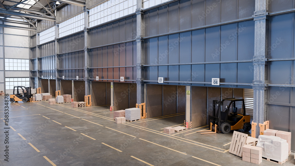 Poster workers are organizing goods in a spacious warehouse featuring multiple loading docks. 3d render