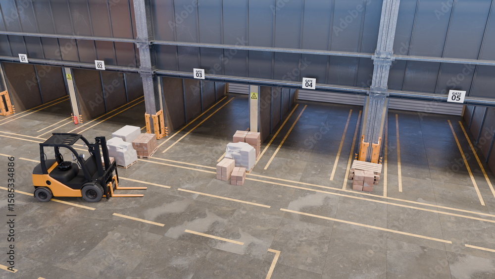 Poster a forklift is maneuvering between neatly stacked pallets in a contemporary warehouse. the loading do